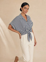 Camicia maniche risvolto a righe contrasto, con fiocco Elvire
