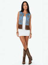 Gilet Denim Ricamato con Frange