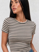 T-shirt a Righe Girocollo Verde Mil