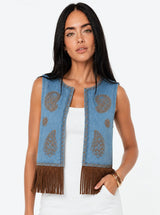 Gilet Denim Ricamato con Frange