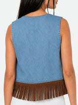 Gilet Denim Ricamato con Frange