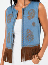 Gilet Denim Ricamato con Frange