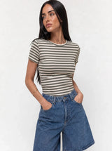 T-shirt a Righe Girocollo Verde Mil