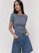 T-shirt a Righe Girocollo Celeste